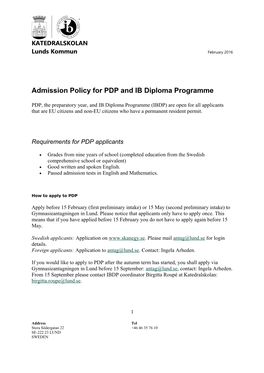 Admission Policy for PDP and IB Diploma Programme