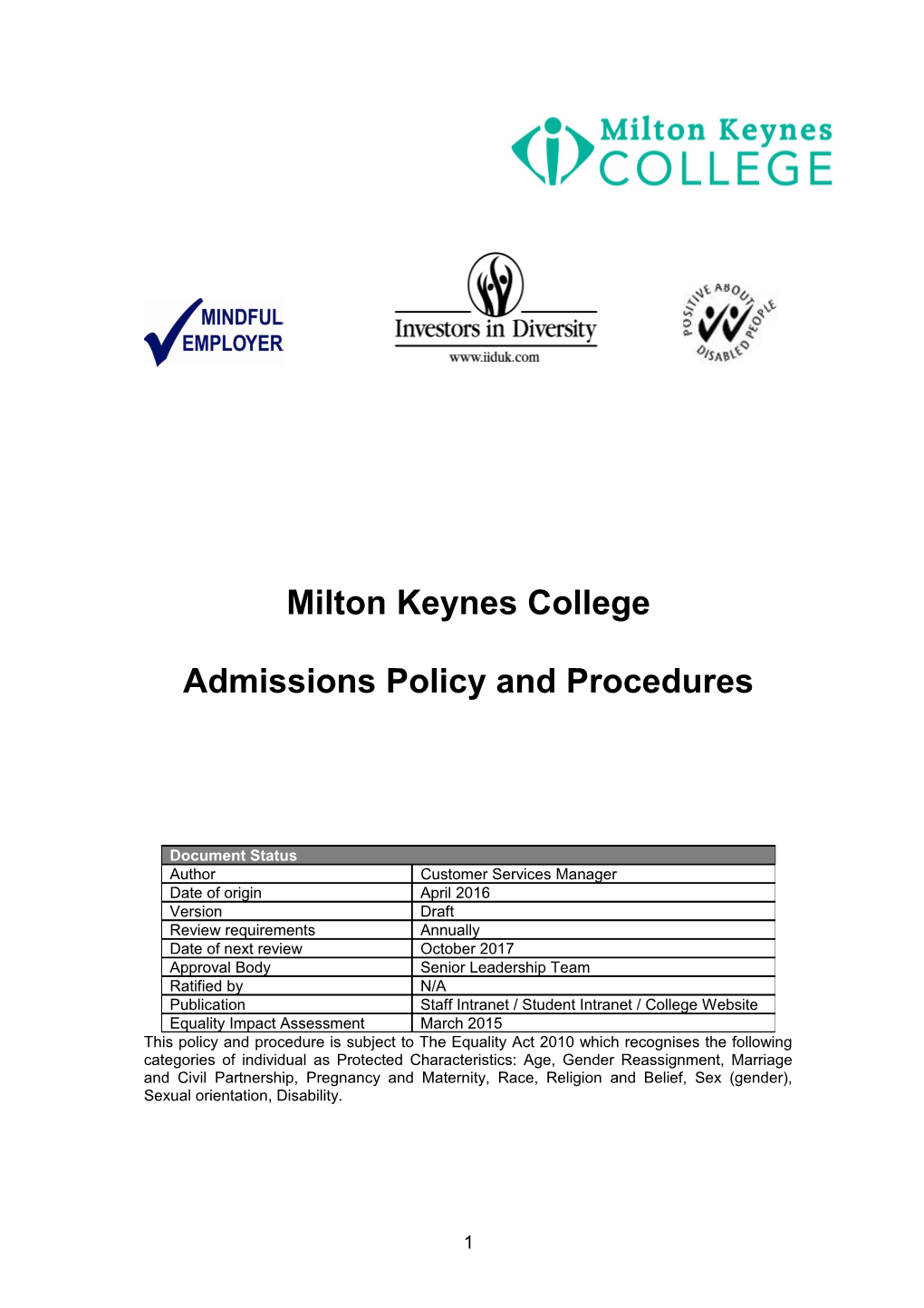 Admissions Policy and Procedures