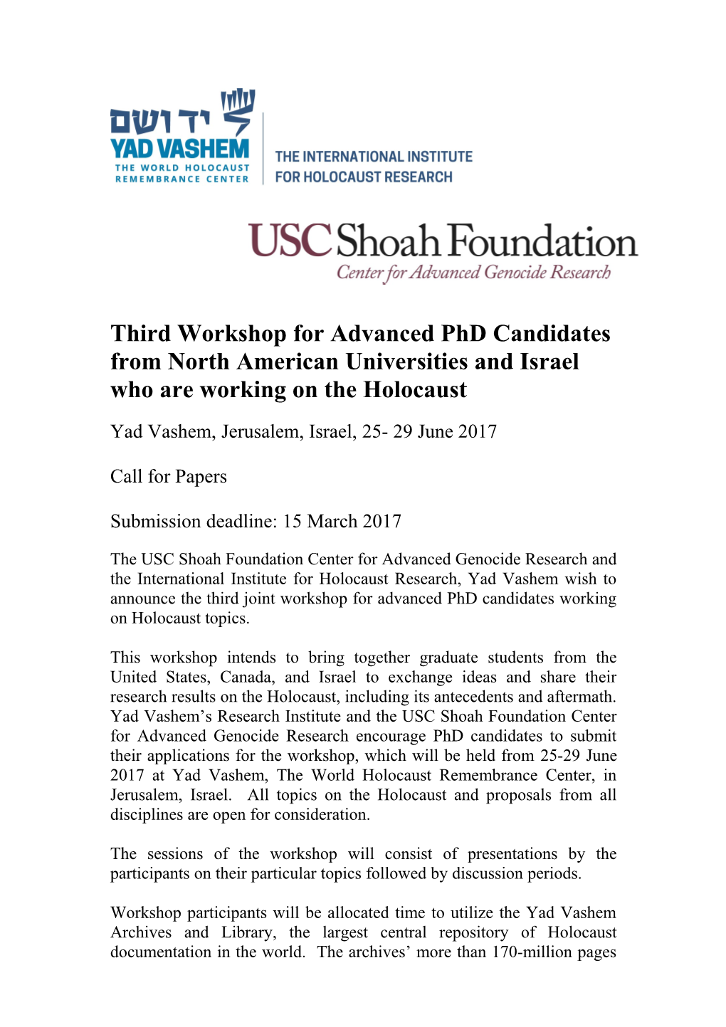 Advanced Phd Candidates Workshop on the Holocaust