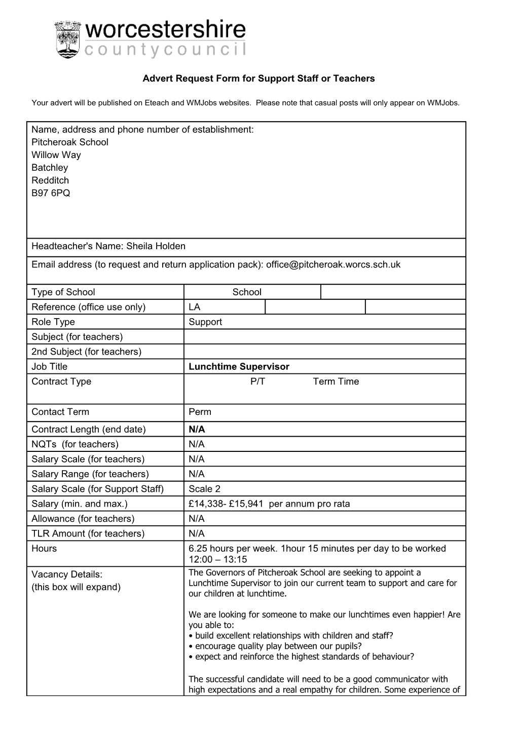 Advert Request Form for Support Staff Or Teachers