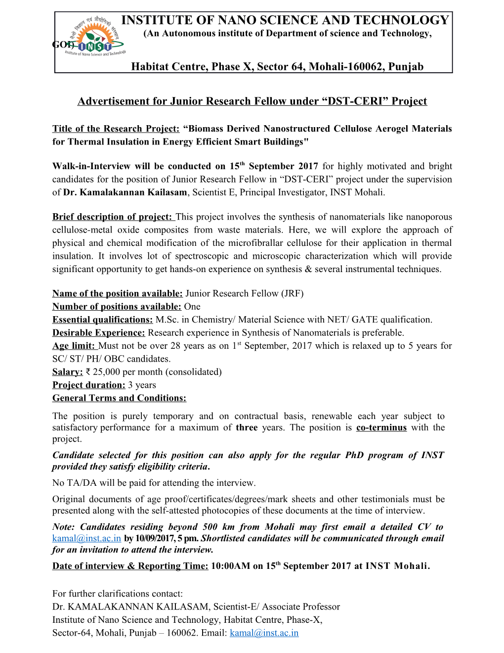 Advertisement for Junior Research Fellow Under DST-CERI Project