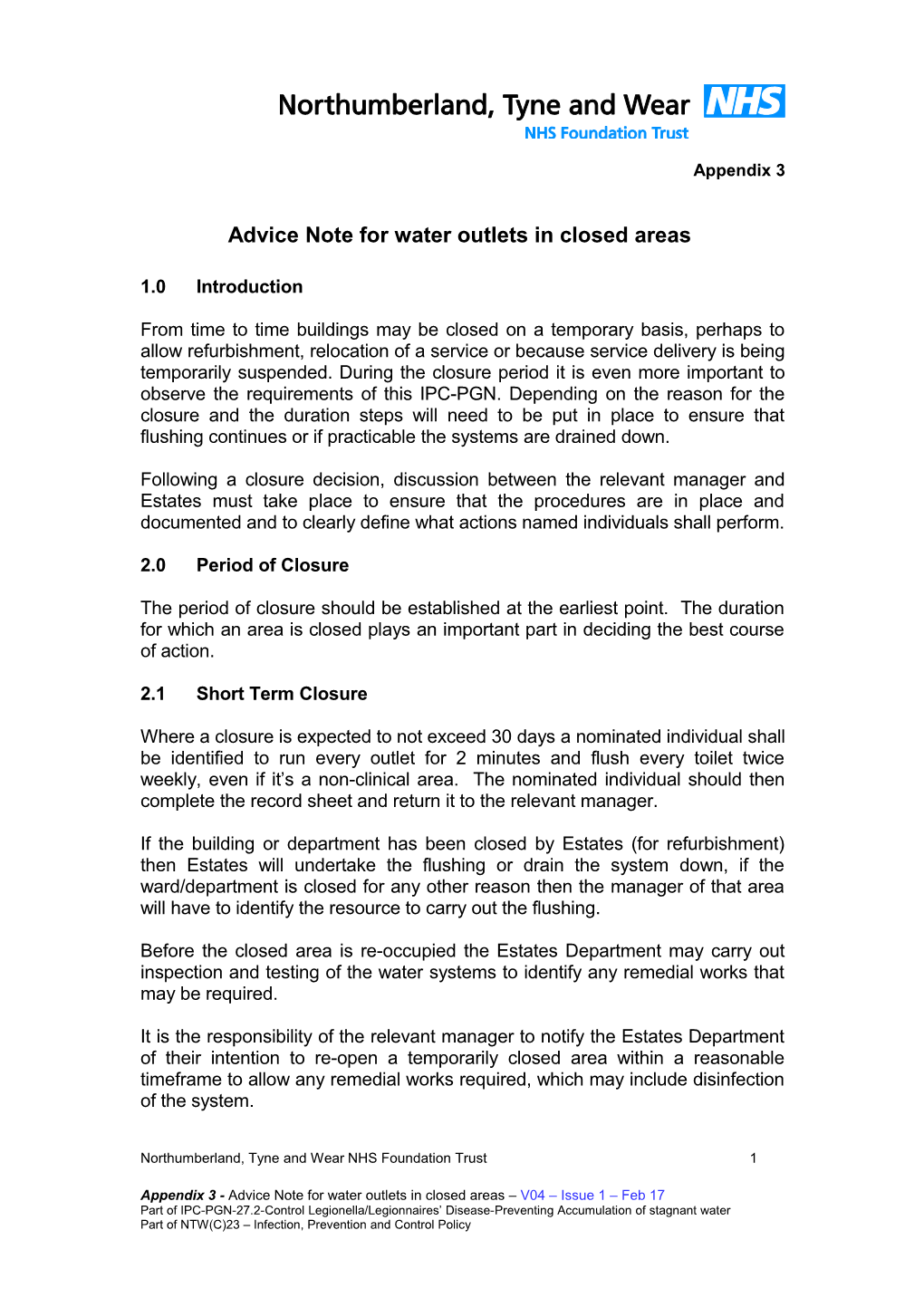 Advice Note for Water Outlets in Closed Areas