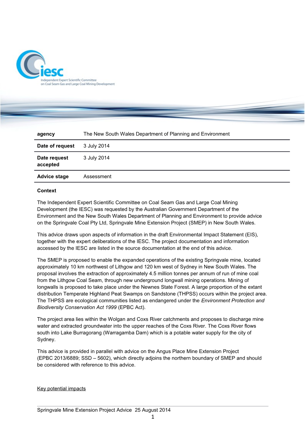 Advice to Decision Maker on Coal Mining Project IESC 2014-054: Springvale Mine Extension