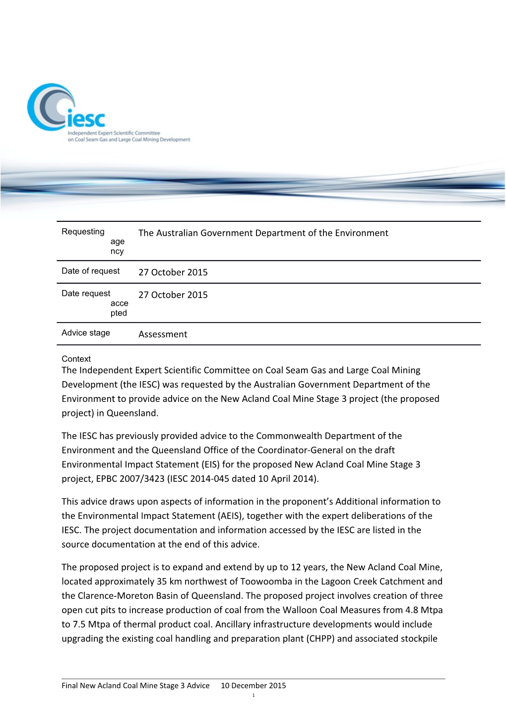 Advice to Decision Maker on Coal Mining Project IESC 2015-073: New Acland Coal Mine Stage