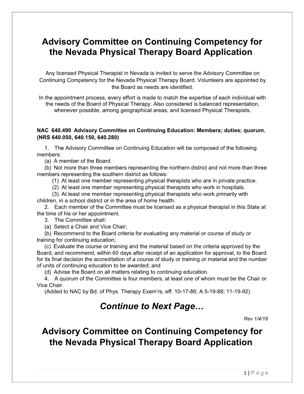 Advisory Committee on Continuing Competency for the Nevada Physical Therapy Board Application