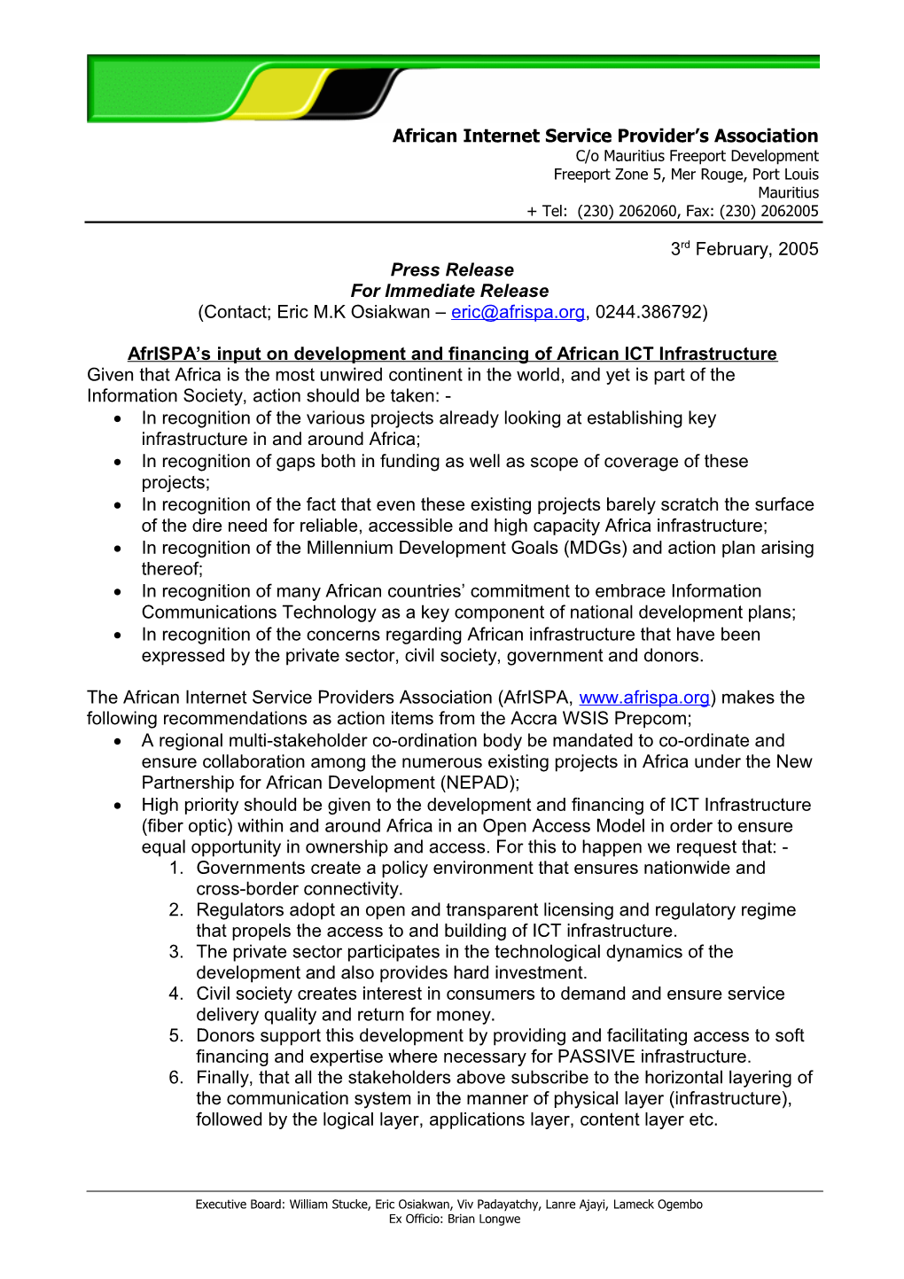 Afrispa Press Release 20041201 Re Internet Governance