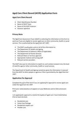 Aged Care Client Record (ACCR) Application Form