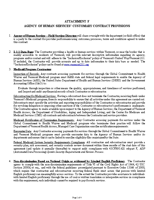 Agency of Human Services Customary Contract Provisions