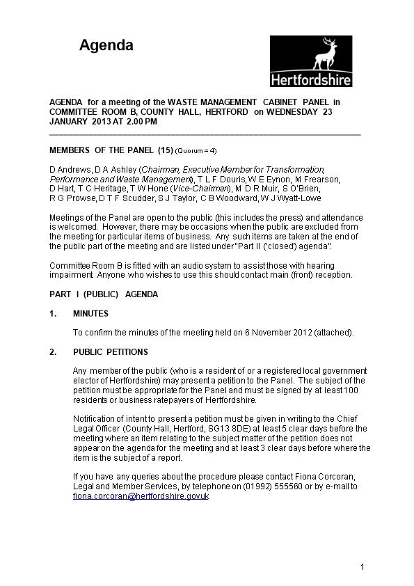 Agenda for a Meeting of the Waste Management Cabinet Panel Thursday 5 July 2012 at 2Pm