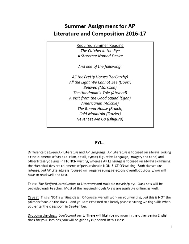 Agenda for AP Literature and Composition Lunch Meeting