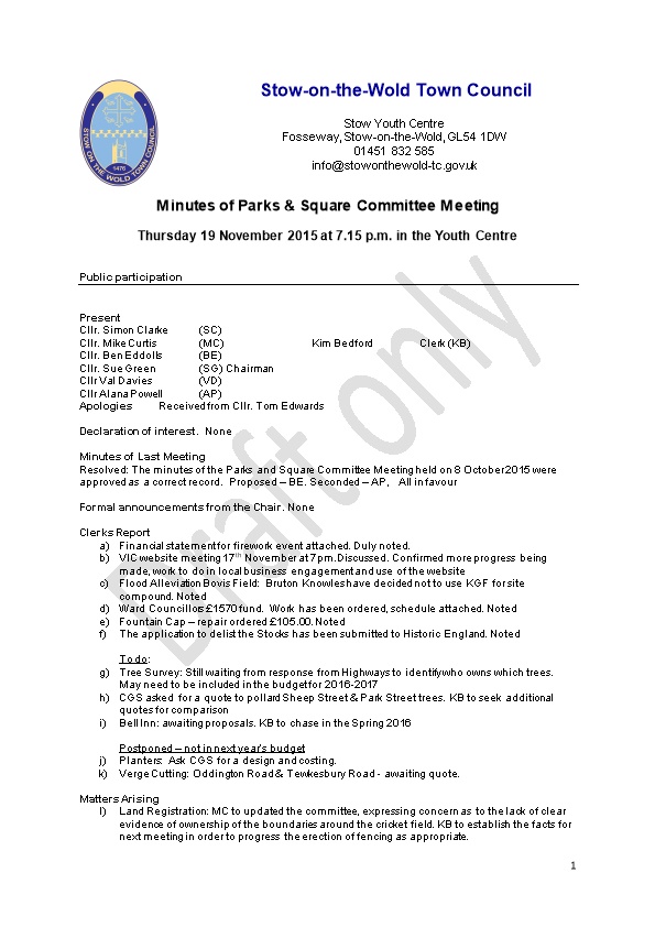 Agenda for Parks Committee Meeting