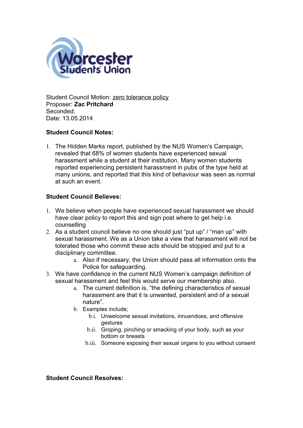 Agenda for Union Council Meeting to Be Held on Friday 16Th May 2008 at 1
