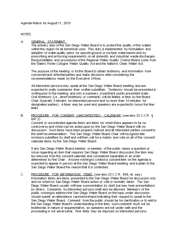 Agenda Notice Foraugust 11, 2010