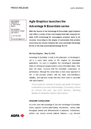 Agfa Graphics Launches the Advantage N Essentialsseries