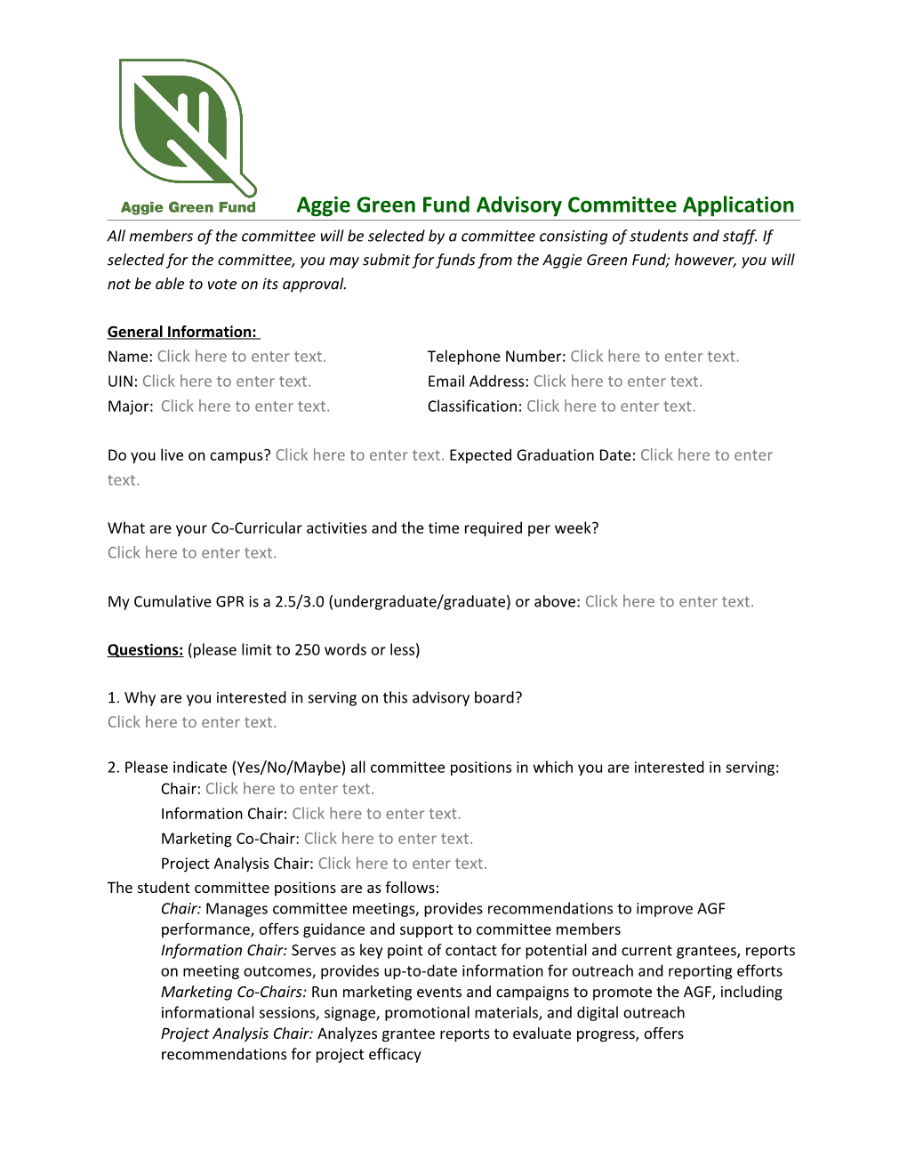 Aggie Green Fund Advisory Committee Application