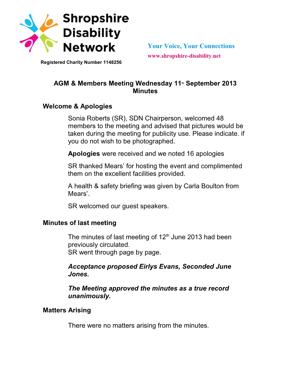 AGM & Members Meeting Wednesday 11Th September 2013