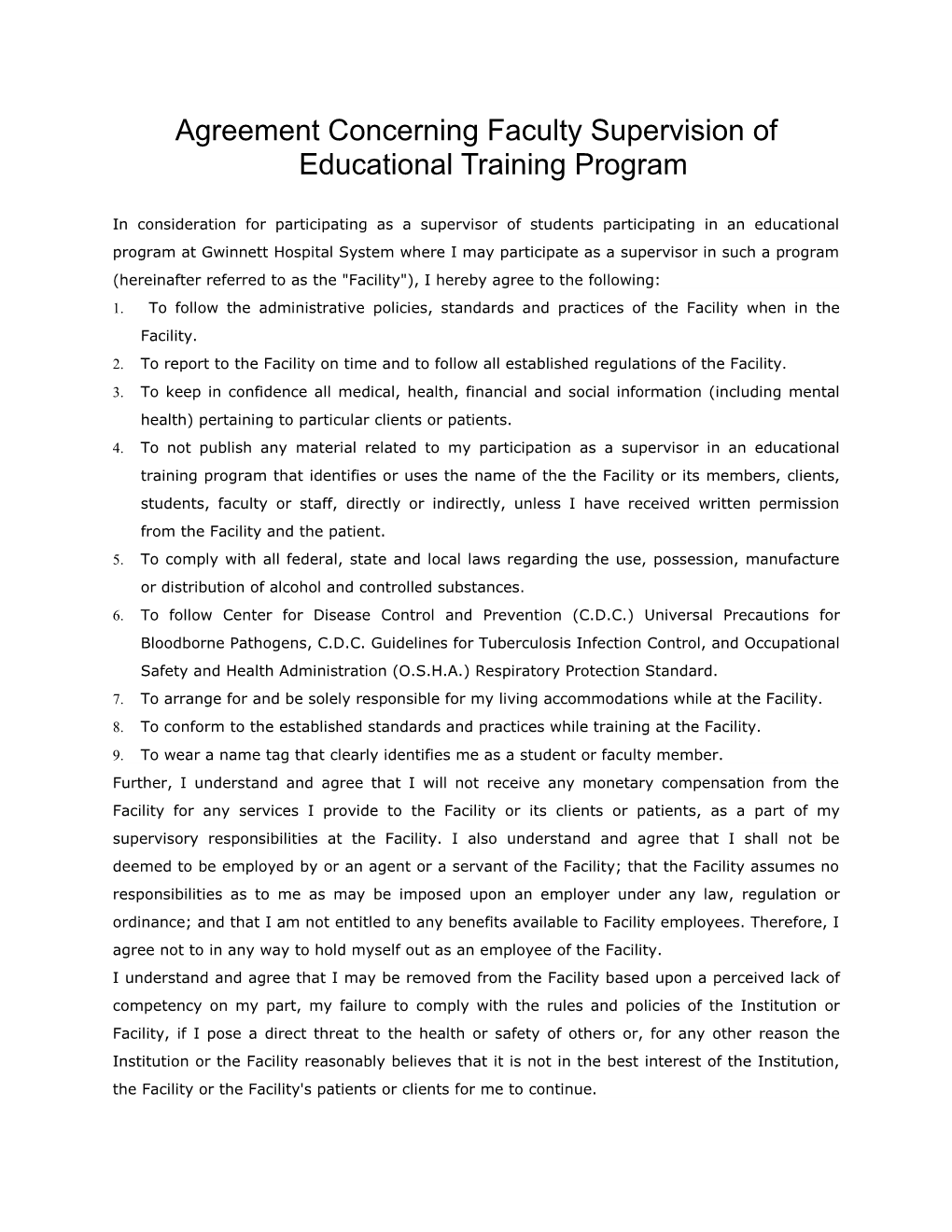 Agreement Concerning Faculty Supervision of Educational Training Program