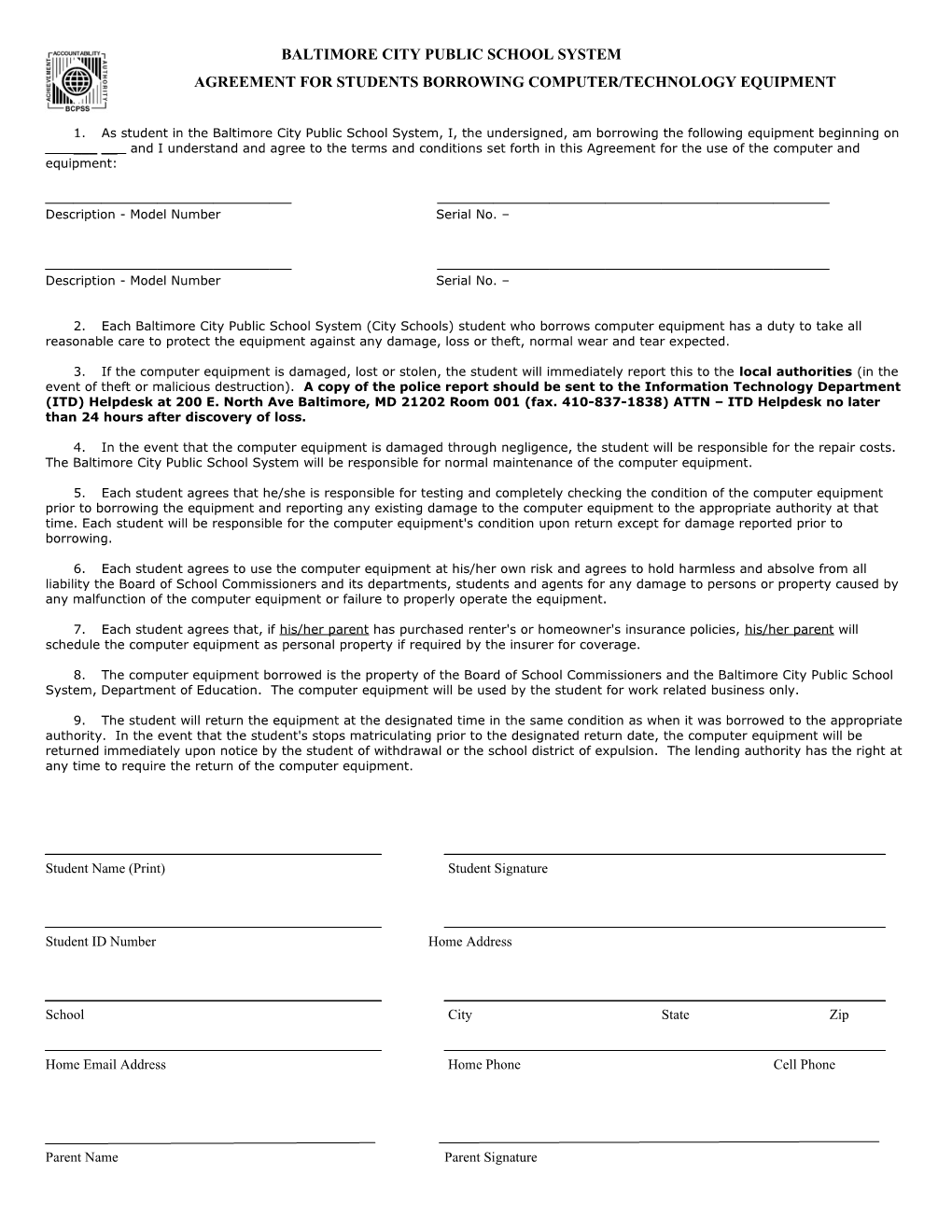 Agreement for Students Borrowing Computer/Technology Equipment