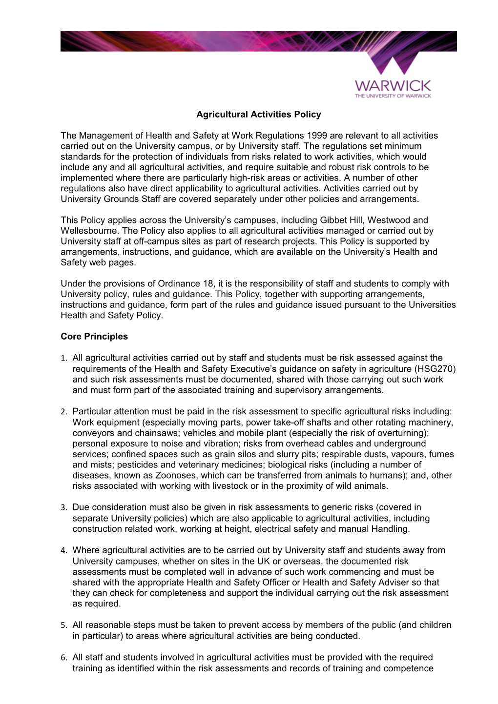 Agricultural Activities Policy