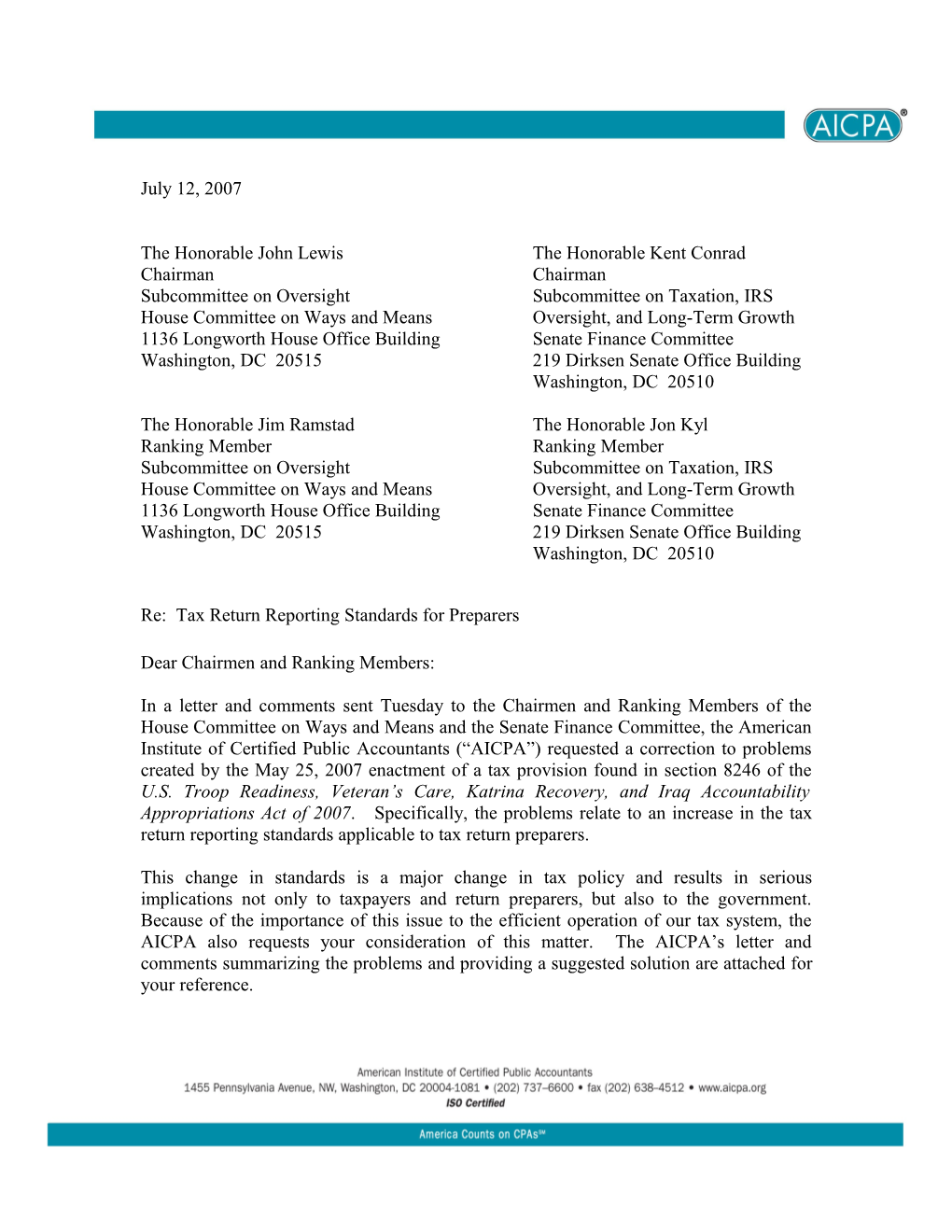 AICPA Letter to House and Senate Oversight Subcommittees Urging Revisions to the Newly