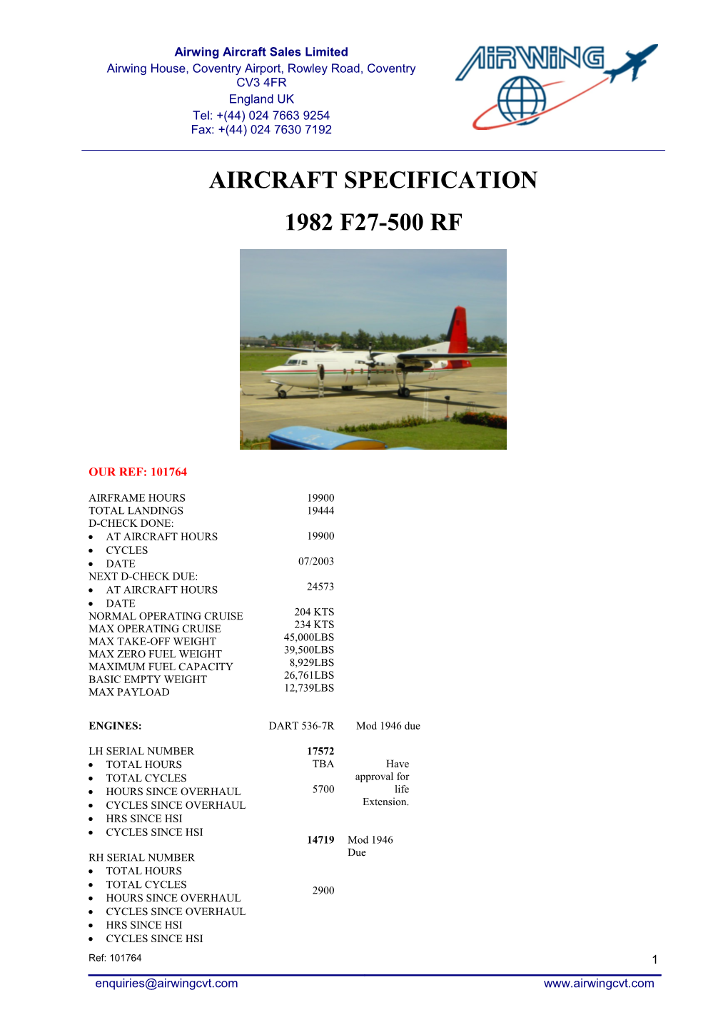 Aircraft Specification Sheet