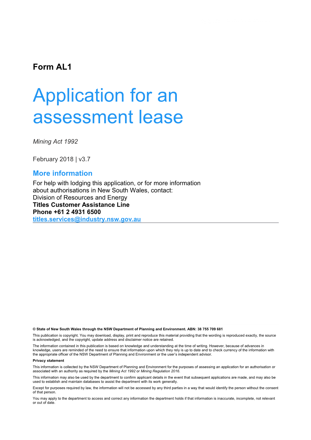 AL1 Application for an Assessment Lease