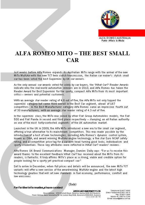 Alfa Romeo Mito the Best Small Car