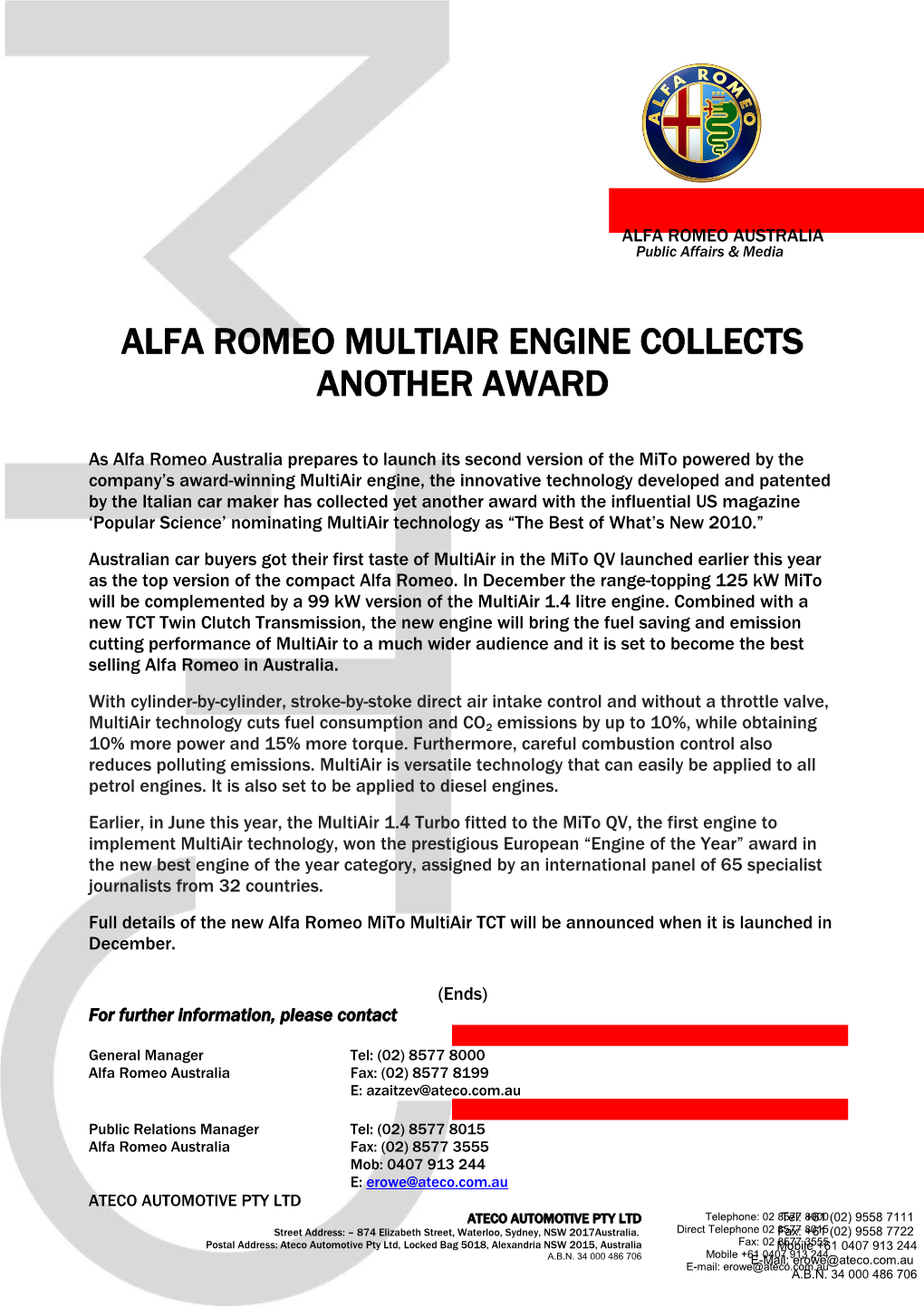 Alfa Romeo Multiair Engine Collects Another Award