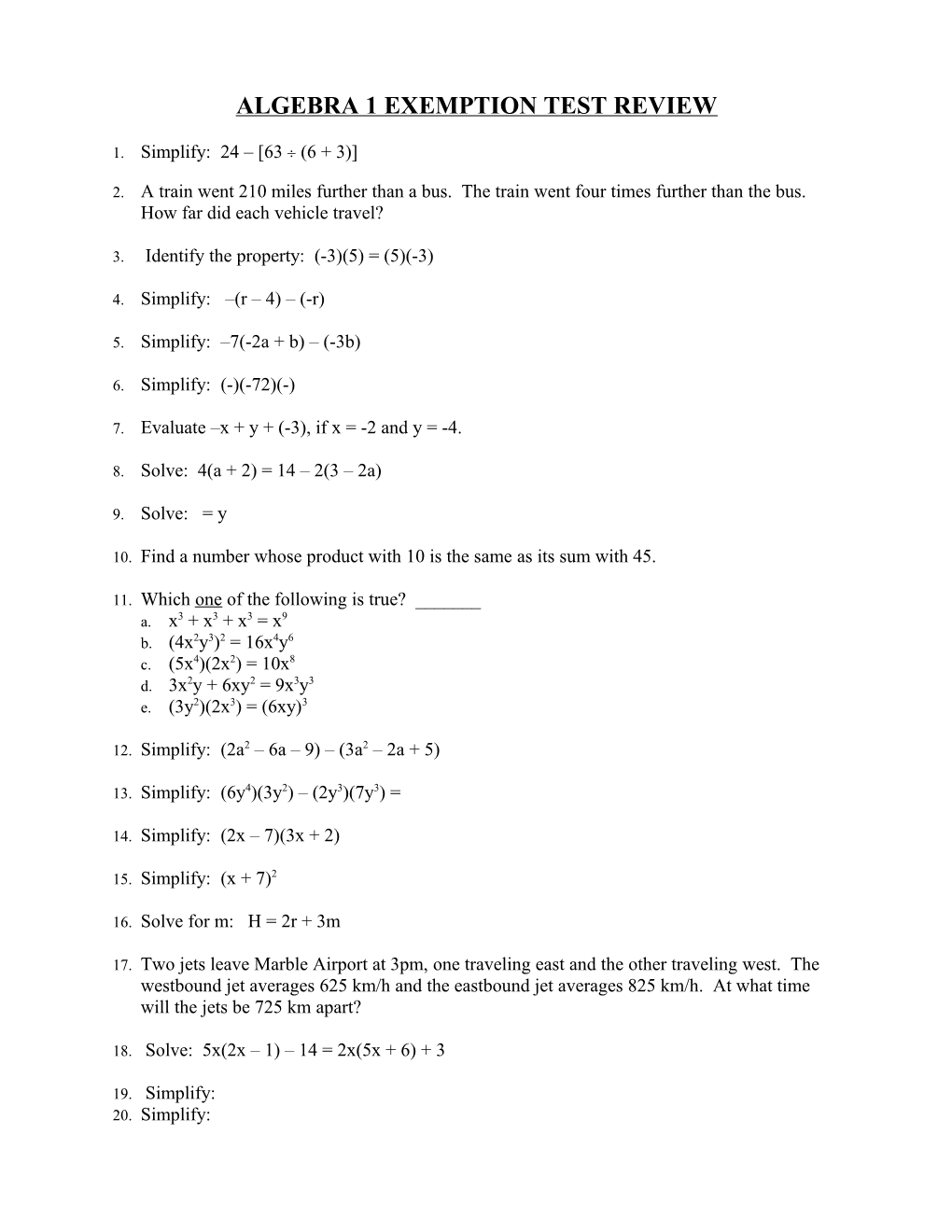 Algebra 1 Exemption Test Review