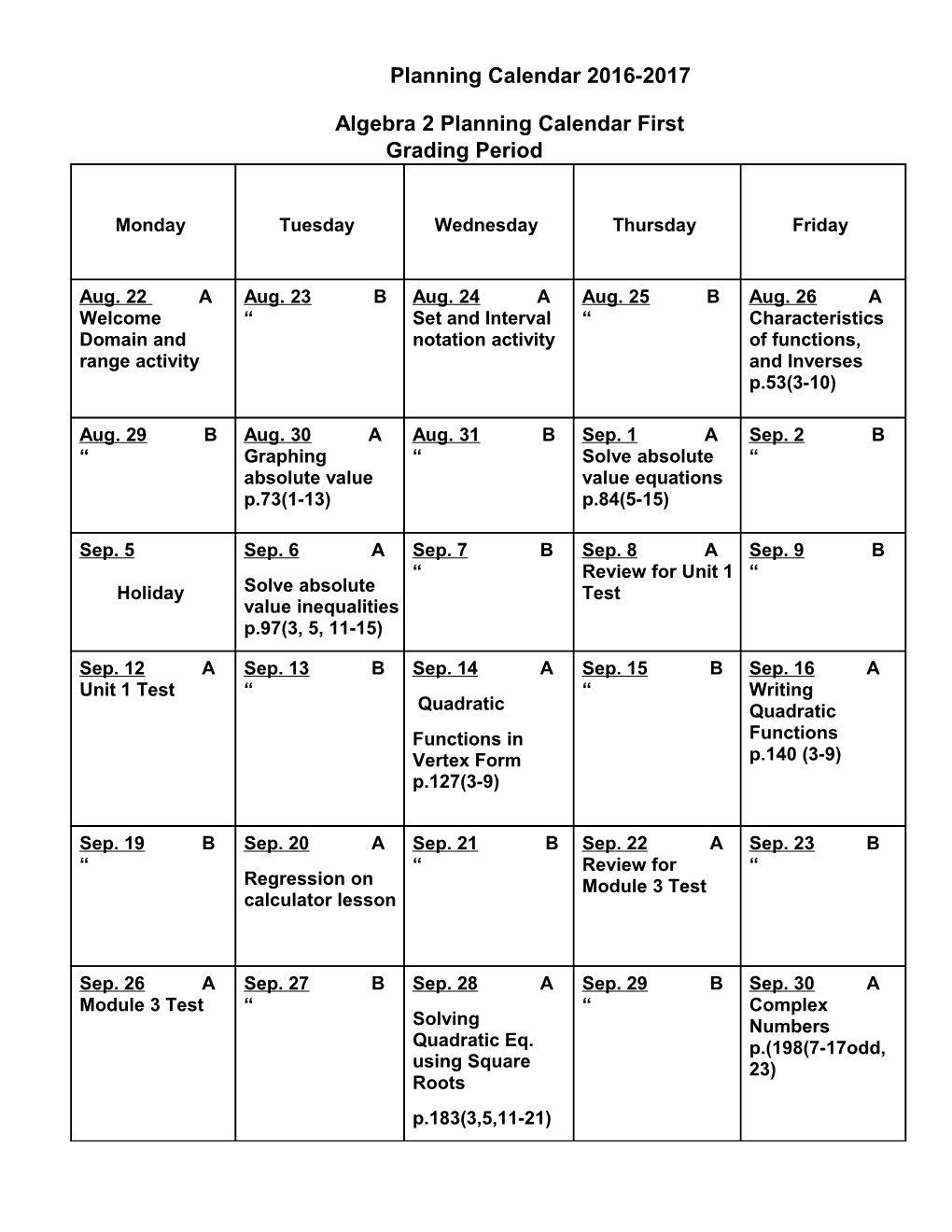 Algebra 2 Planning Calendar First Grading Period
