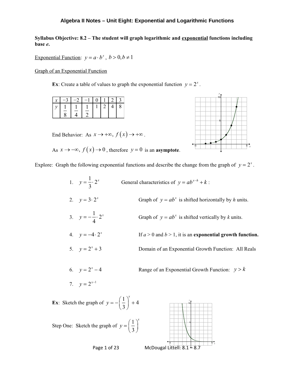 Algebra II Notes Unit Eight: Exponential and Logarithmic Functions