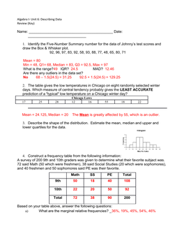 Algebra Unit 6 Describing Data Test Review Answers