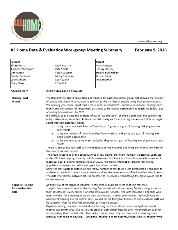 All Home Data & Evaluation Workgroup Meetingsummary February9, 2016