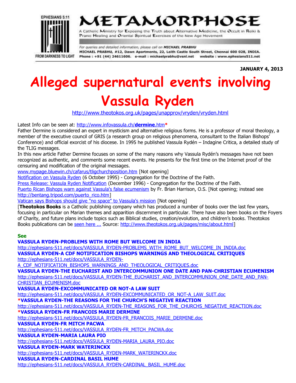Alleged Supernatural Events Involving Vassula Ryden