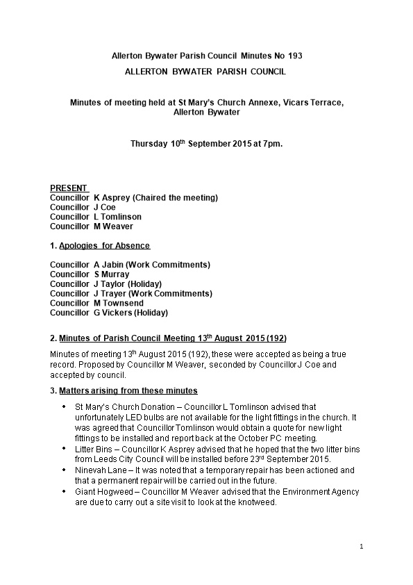 Allerton Bywater Parish Council Minutes No 193