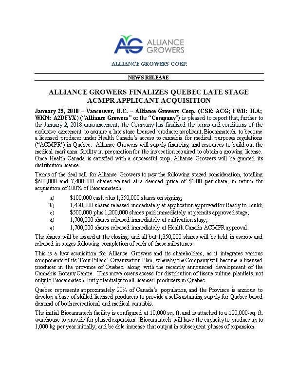 Alliance Growers Finalizes Quebec Late Stage Acmpr Applicant Acquisition