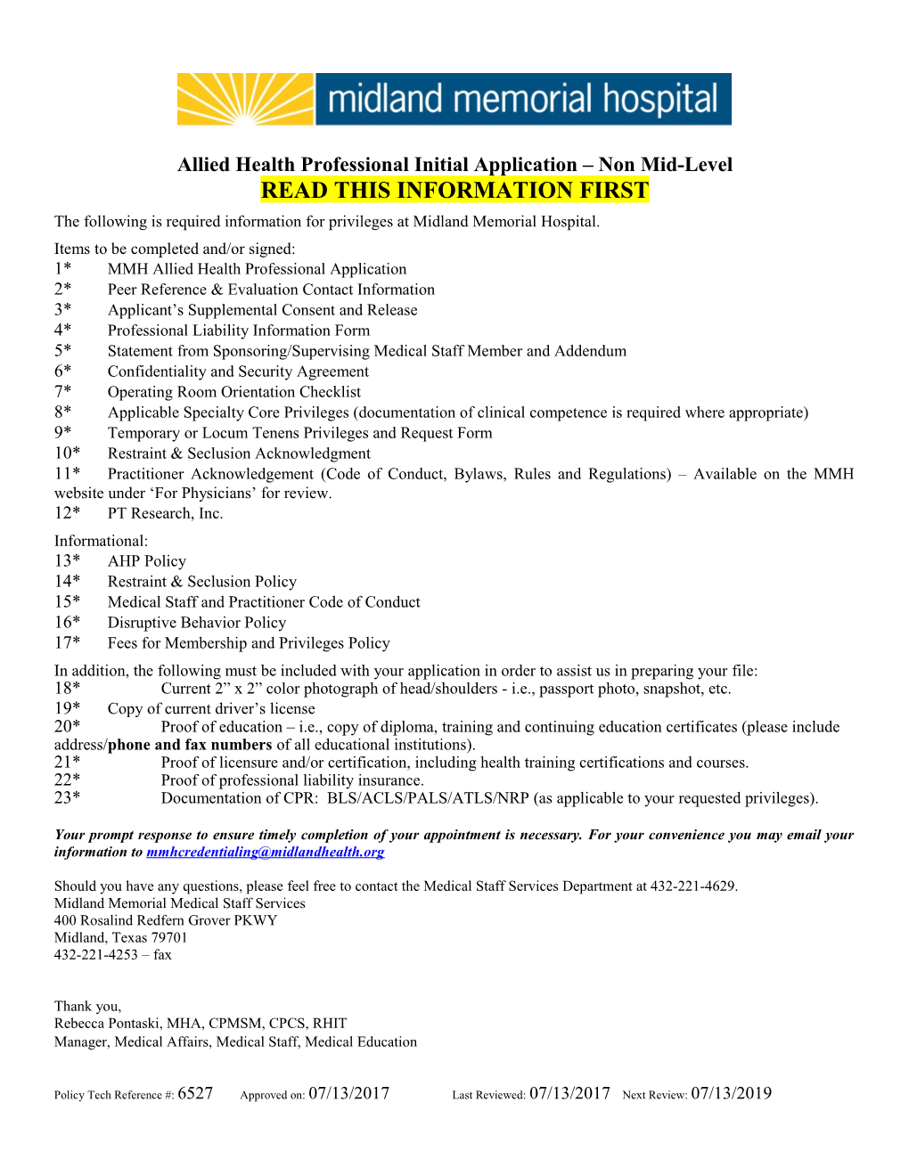 Allied Health Professional Initial Application Non Mid-Level