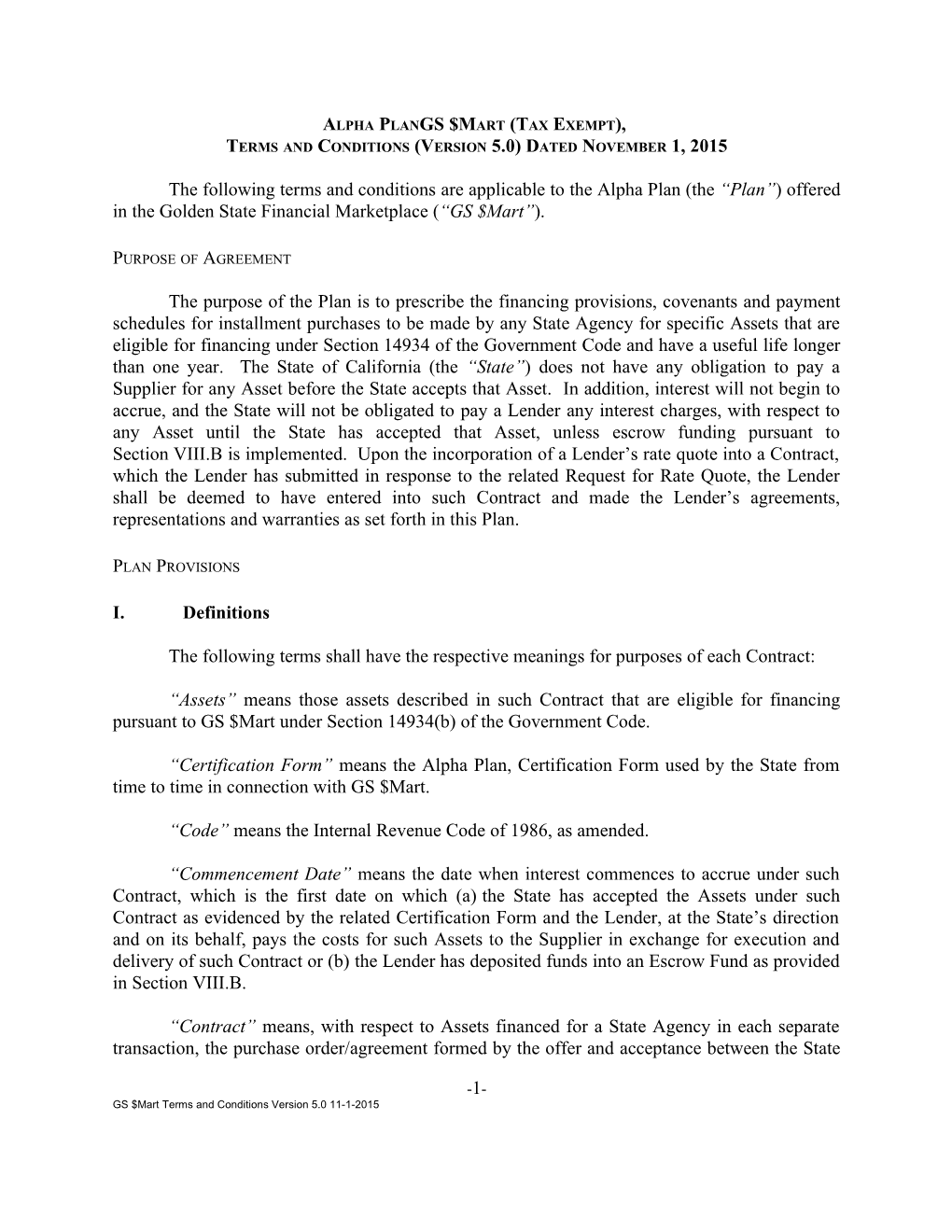 Alpha Plangs$Mart (Tax Exempt), Terms and Conditions (Version5.0) Dated November1, 2015