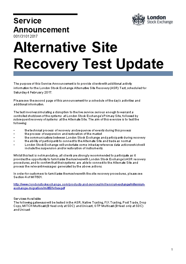 Alternate Site Recovery Test
