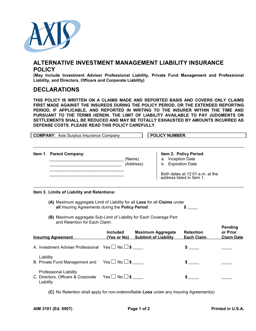 ALTERNATIVE INVESTMENT Management LIABILITY Insurance Policy