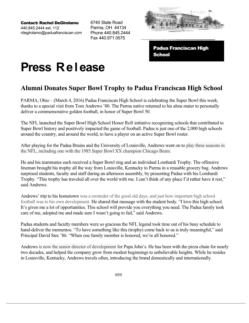 Alumni Donates Super Bowl Trophy to Padua Franciscan High School