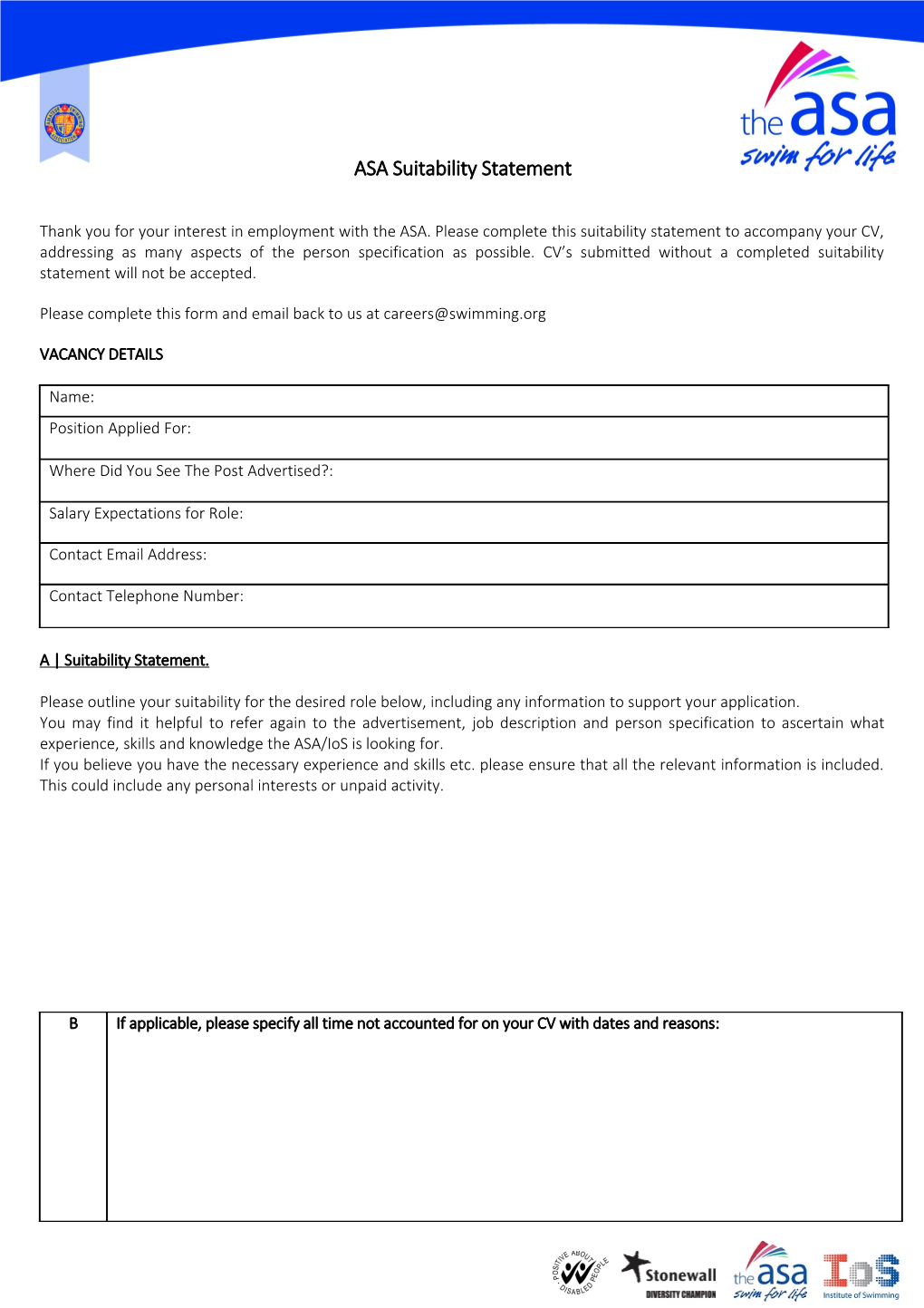 Amateur Swimming Association/British Swimming Application Form
