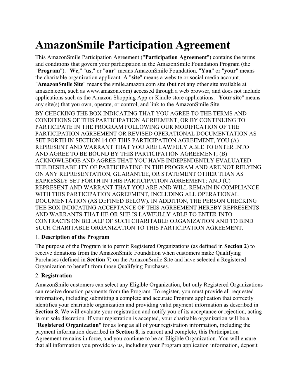 Amazonsmile Participation Agreement