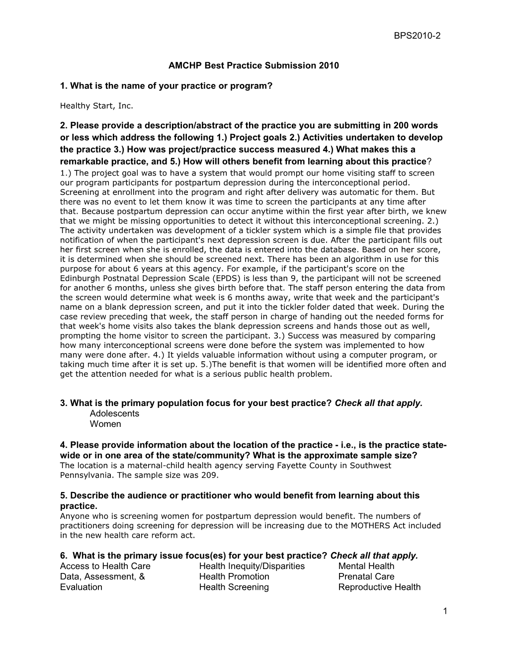 AMCHP Best Practice Submission 2010