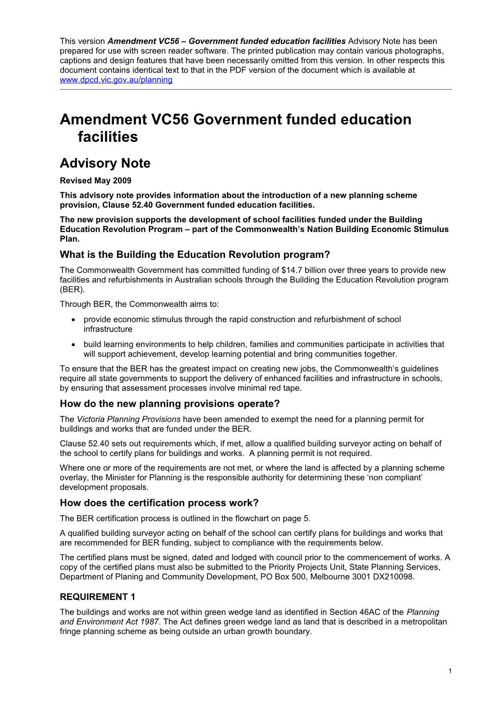 Amendment VC56 Government Funded Education Facilities Advisory Note