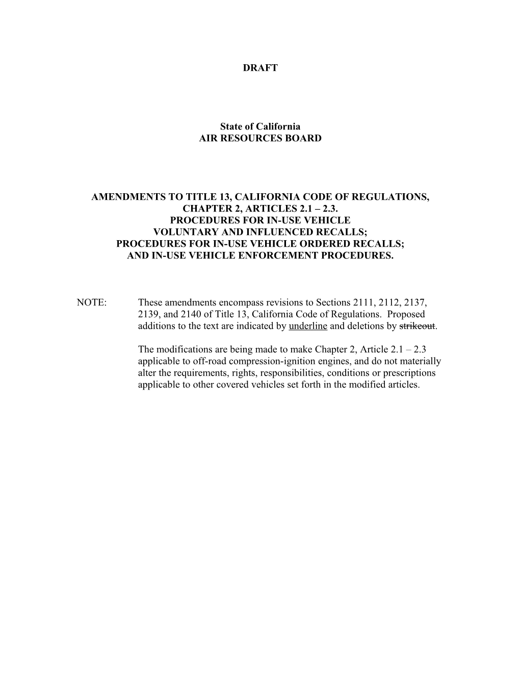 Amendments to Title 13, California Code of Regulations, Chapter 2, Articles 2.1 2.3