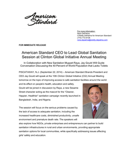 American Standard CEO to Lead Global Sanitation Session at Clinton Global Initiative Annual