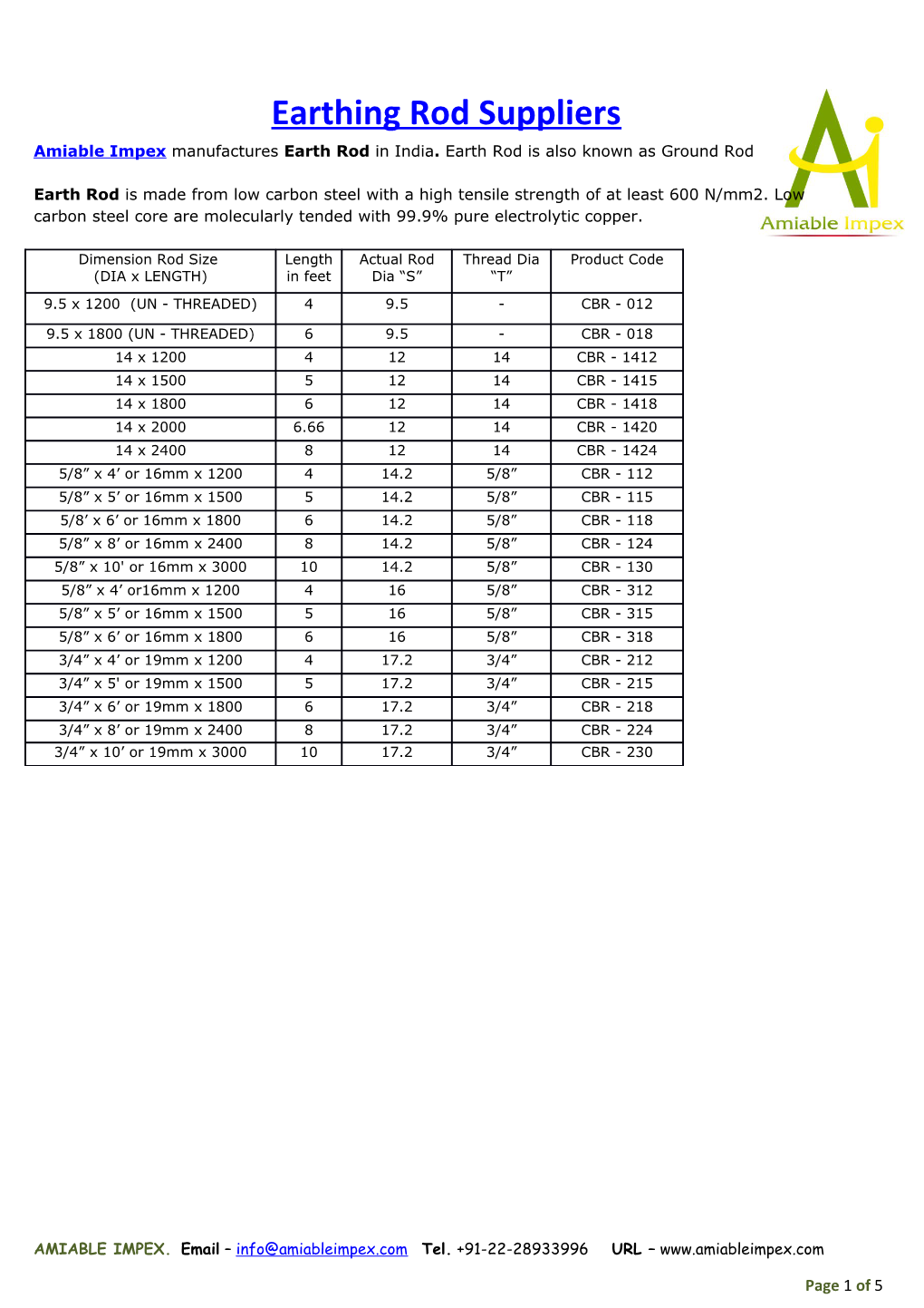 Amiable Impex Manufactures Earth Rodin India. Earth Rod Is Also Known As Ground Rod