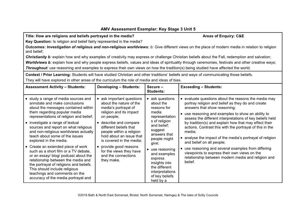 AMV Assessment Exemplar: Key Stage 3 Unit 5