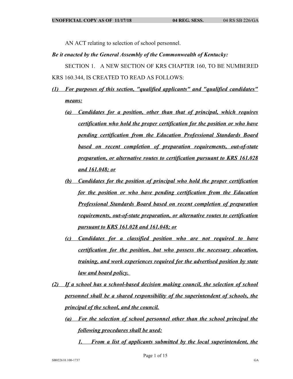 AN ACT Relating to Selection of School Personnel